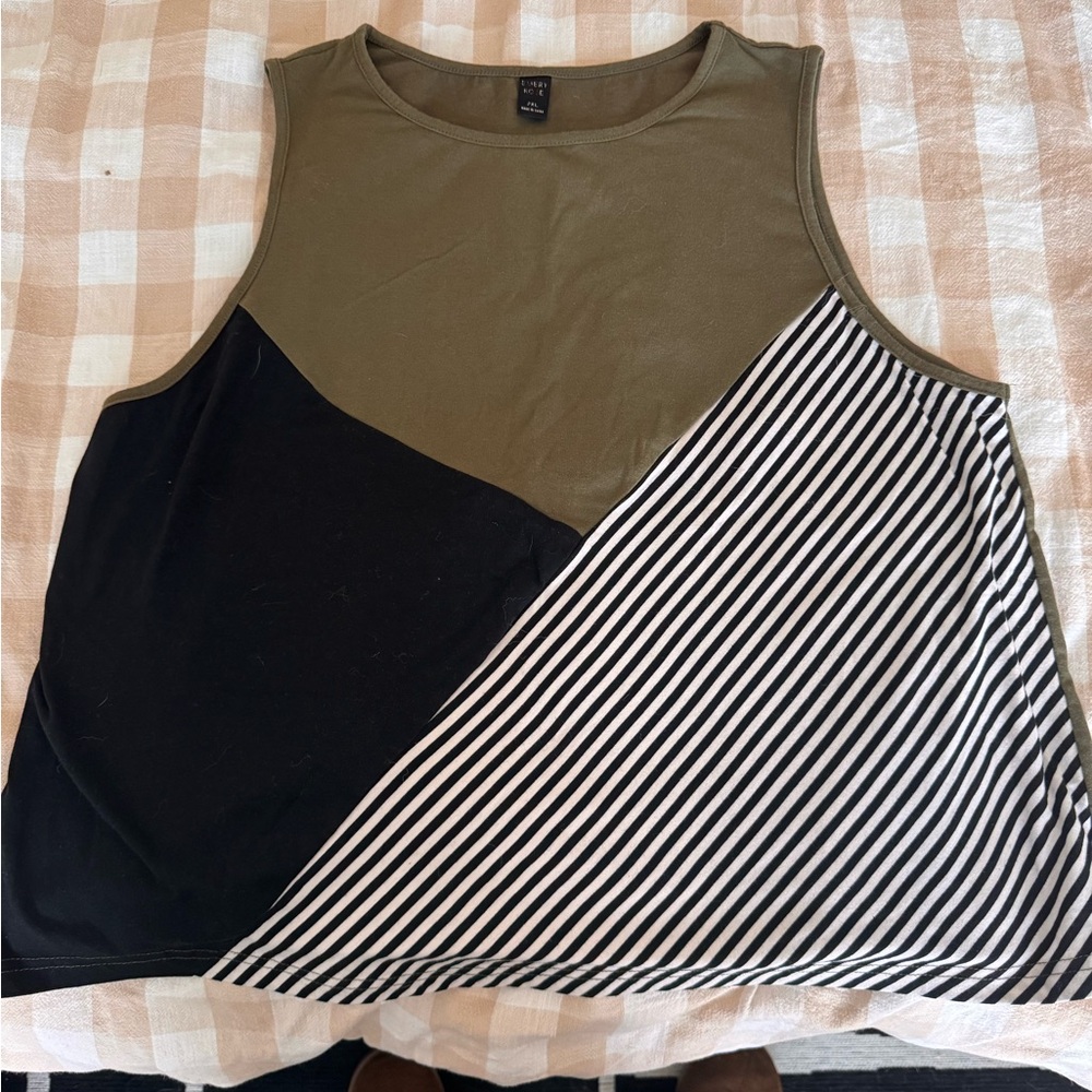Tri-Panel Sleeveless Tank Top — Olive, Black & Striped